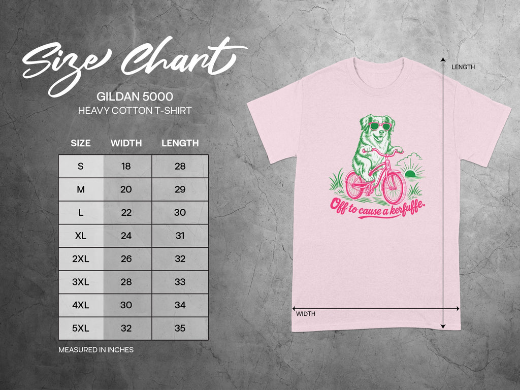 Gildan 5000 t-shirt size chart and graphic with dog on bike.