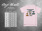 Gildan 5000 t-shirt size chart and Schnauzer Logic design with a dog.