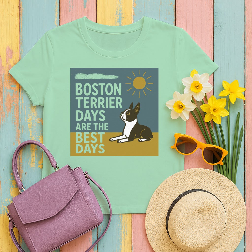 Whimsical Boston Terrier Days T-Shirt in Mint Green
