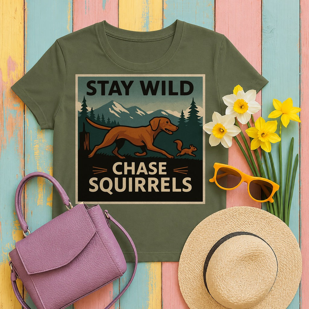 Chase Squirrels Vizsla T-Shirt. in Military Green