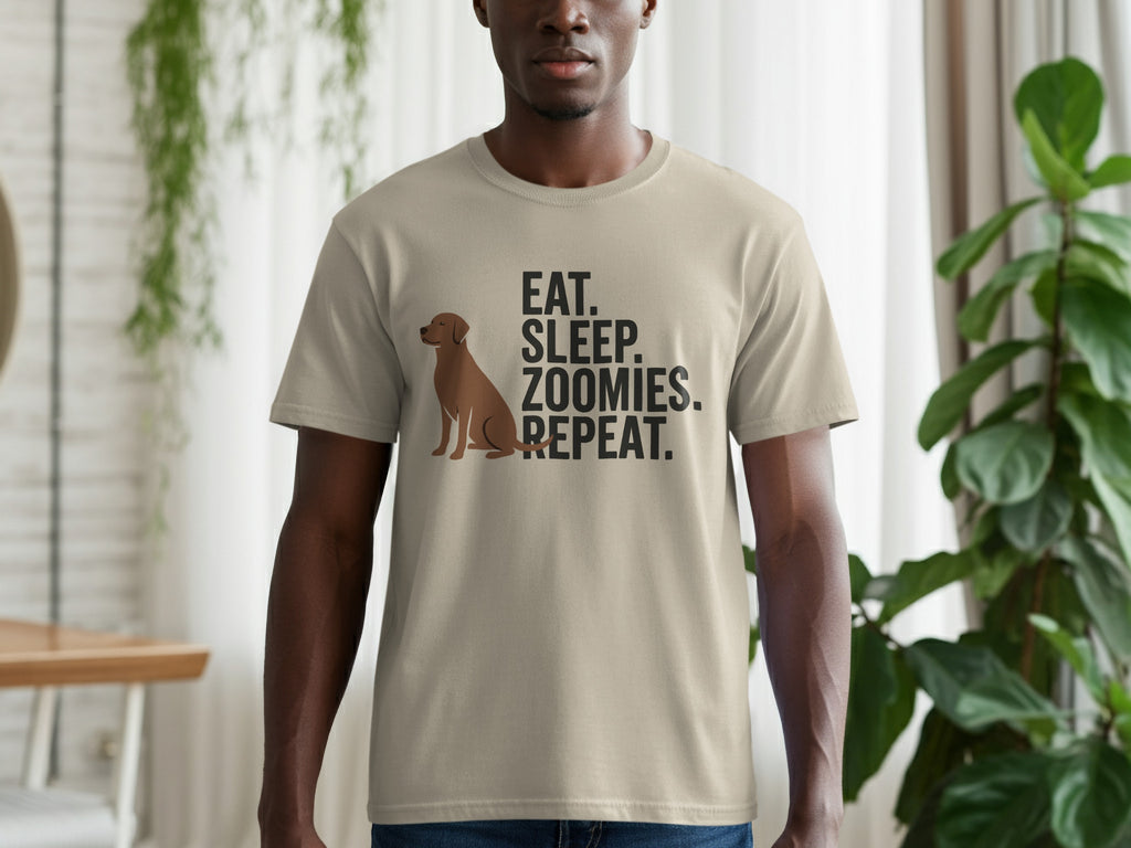 Tan t-shirt with "EAT. SLEEP. ZOOMIES. REPEAT." text and dog graphic.