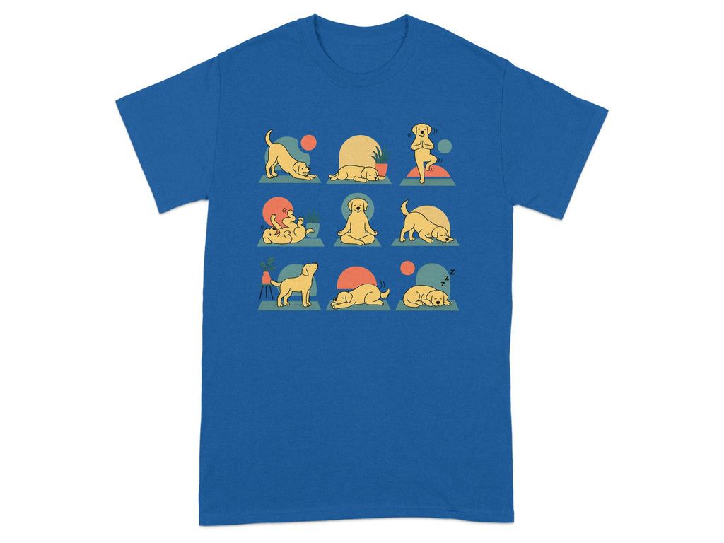 Yellow lab dogs in various yoga poses and sleeping positions on a blue t-shirt.