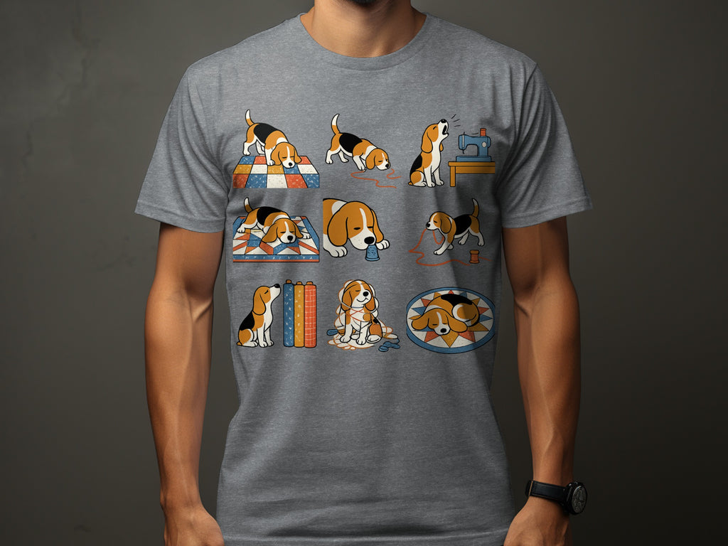 Beagle dogs in various poses interacting with sewing items and blankets.