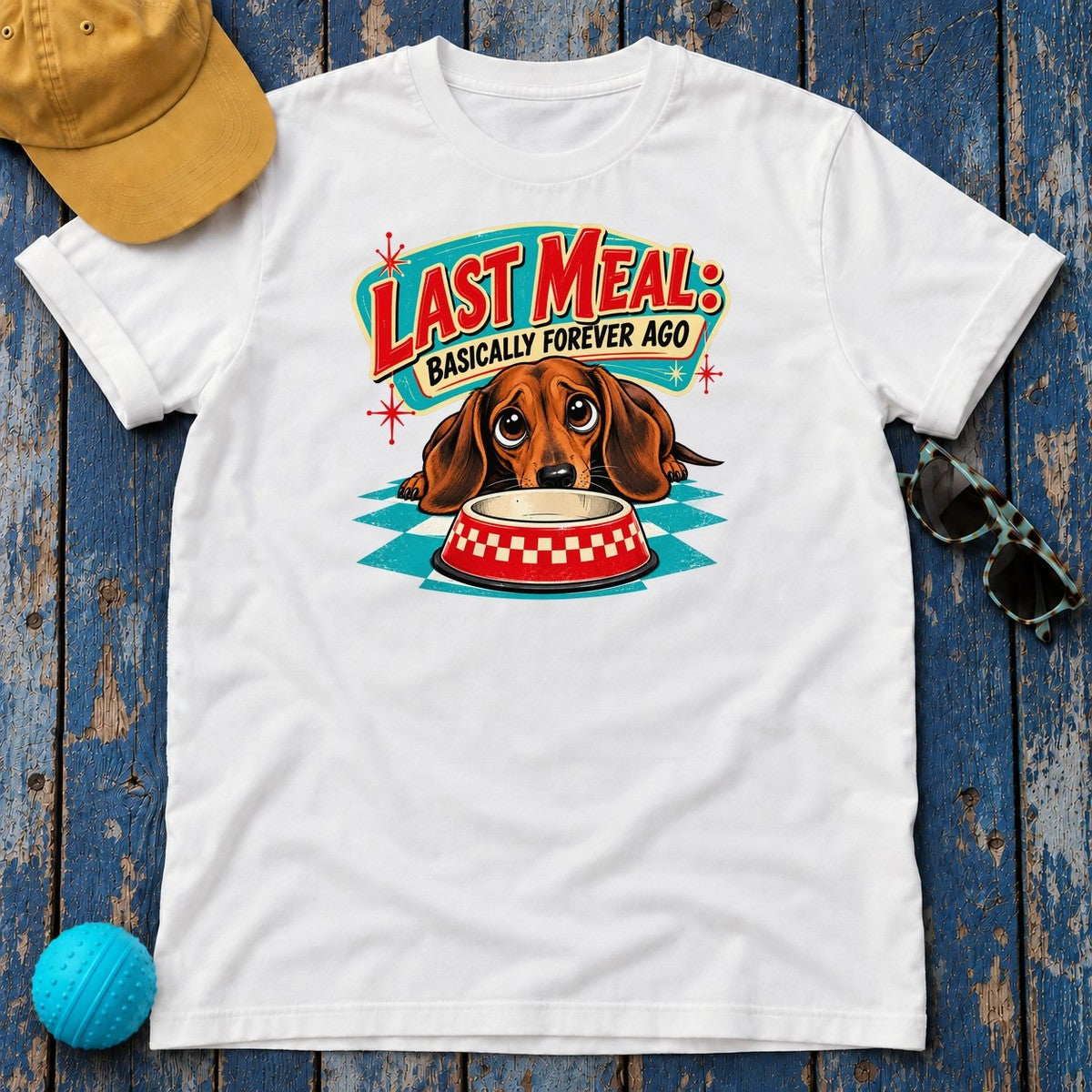 Last Meal Basically Forever Ago Dachshund T-Shirt in White - flat lay