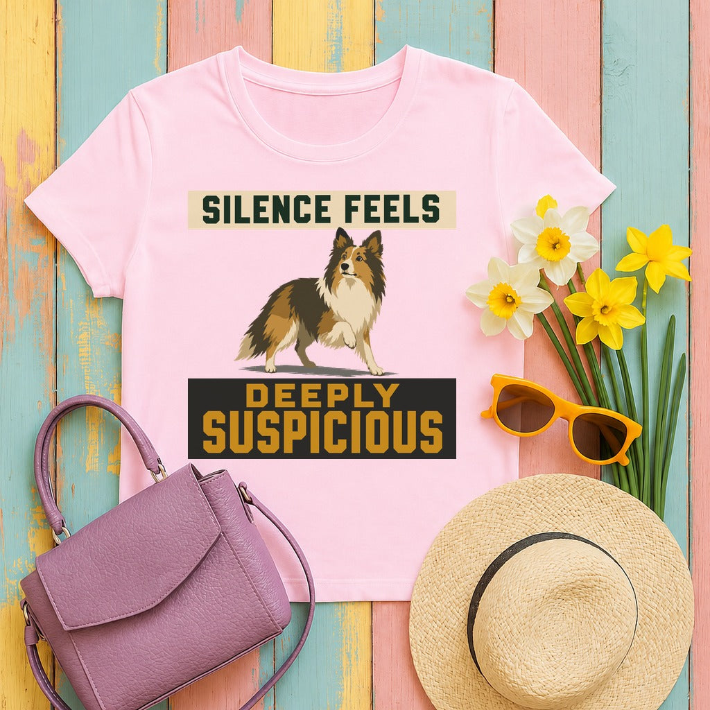 Deeply Suspicious Sheltie T-shirt in Light Pink