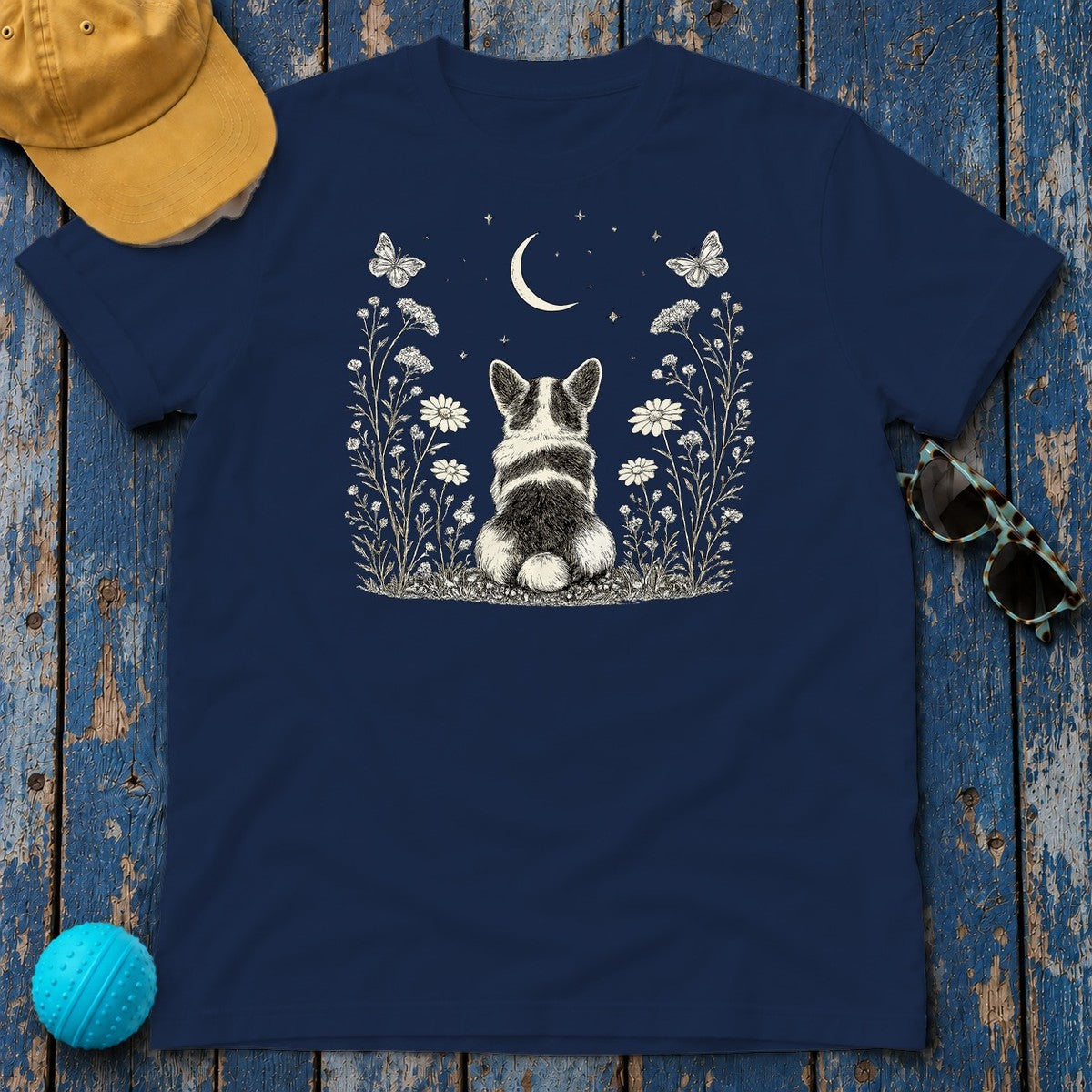 Ethereal Corgi Moon Gaze T-Shirt in Navy