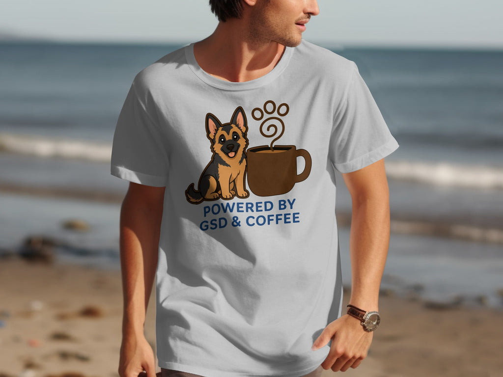 T-shirt with German Shepherd and coffee cup graphic.