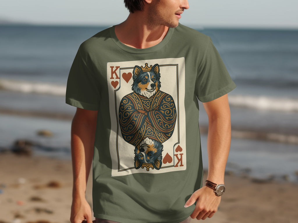 T-shirt with a king playing card featuring a crowned dog and heart symbols.