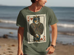 T-shirt with a king playing card featuring a crowned dog and heart symbols.