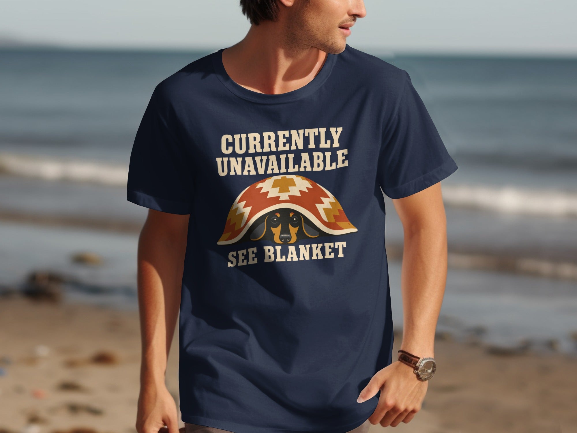 Dark blue t-shirt with "CURRENTLY UNAVAILABLE SEE BLANKET" text and dog graphic.