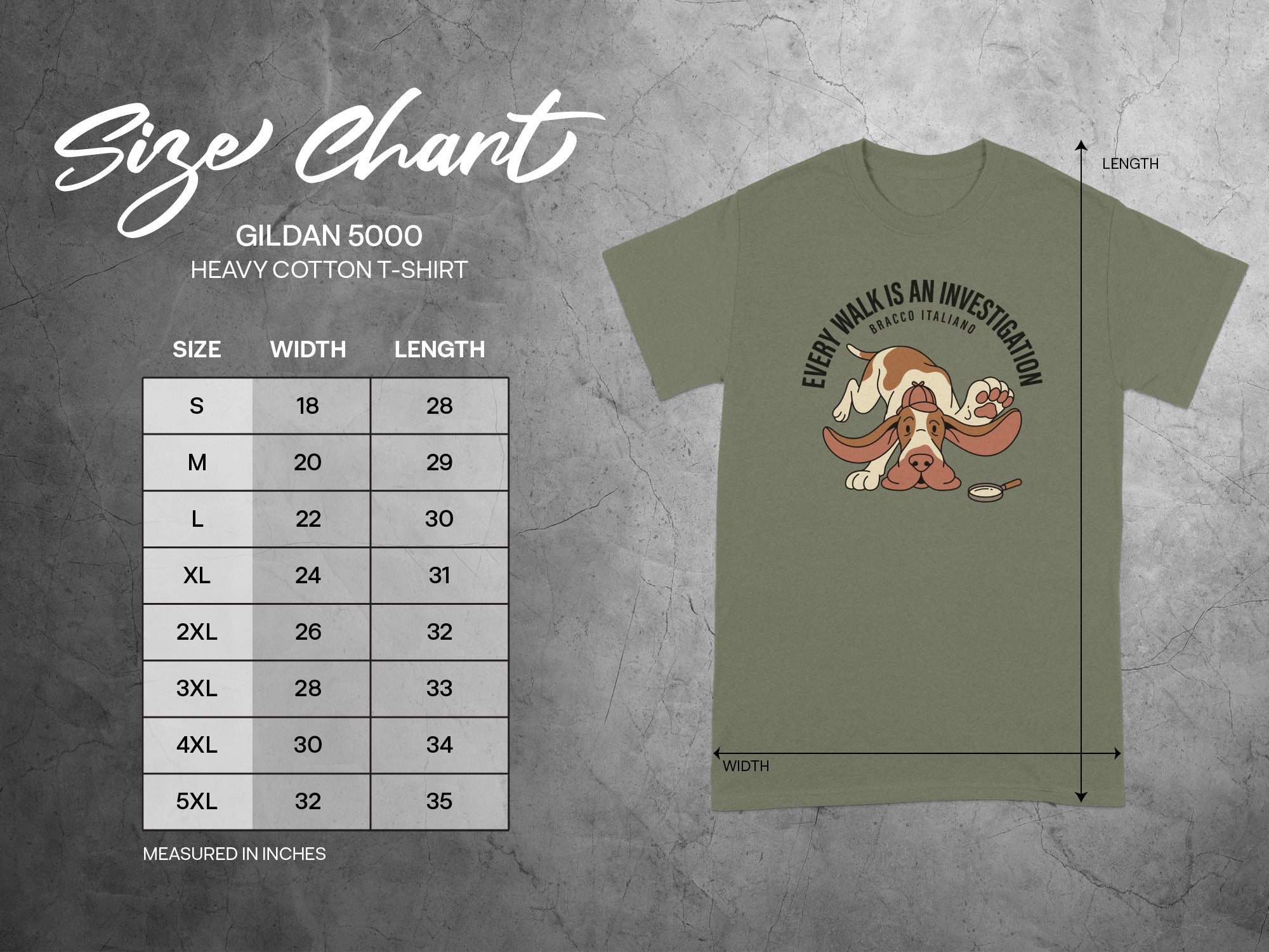 Gildan 5000 size chart for heavy cotton t-shirts with dog graphic.