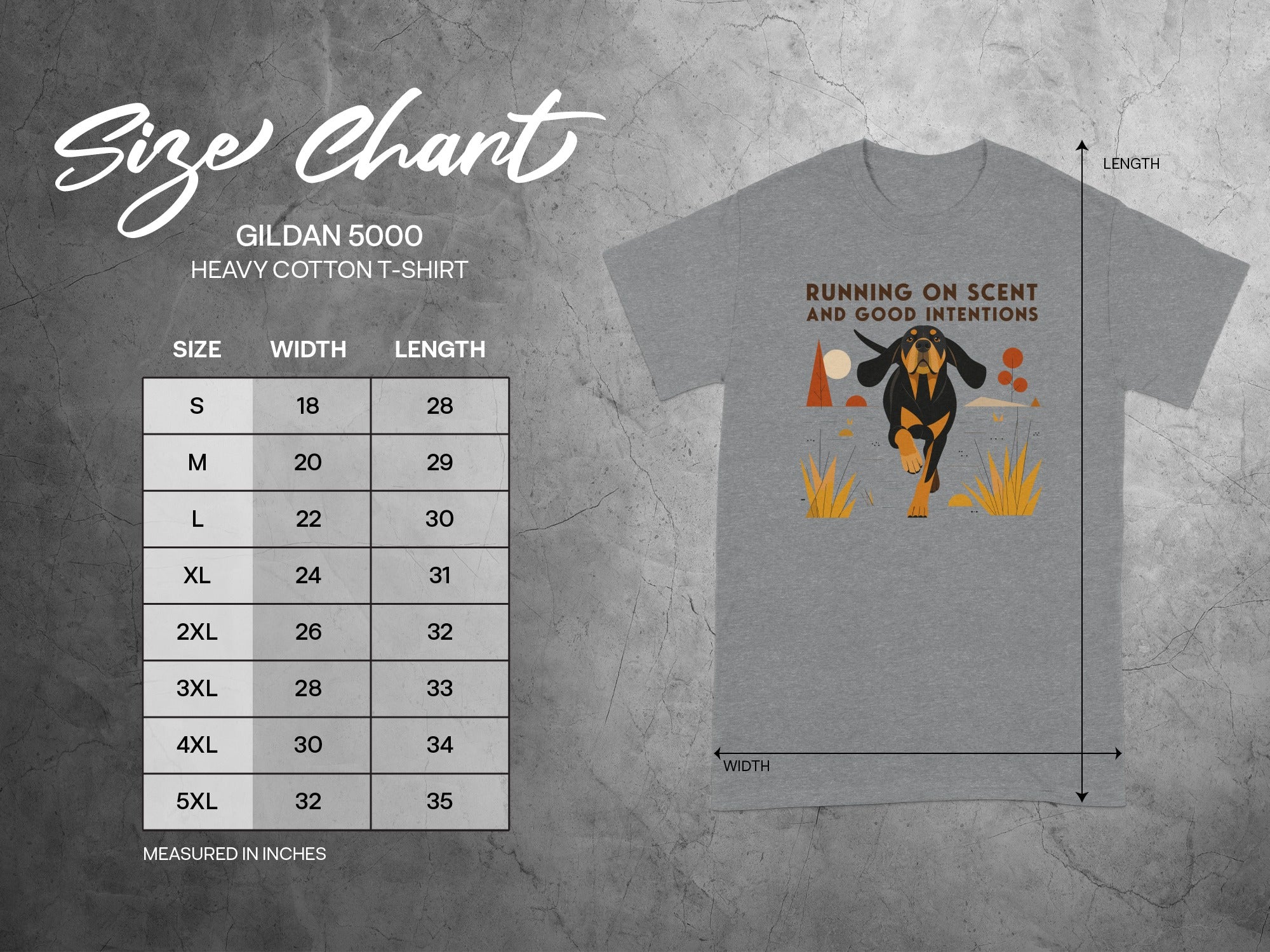 Gildan 5000 heavy cotton t-shirt with graphic and size chart.
