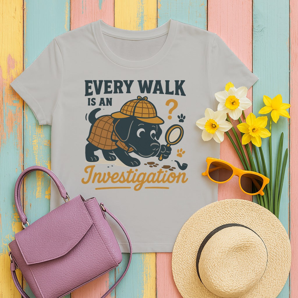 Black Lab "Every Walk is an Investigation" Cartoon T-shirt in Ash