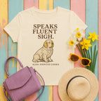 clumber spaniel speaks-fluent-sigh tee flat lay hero