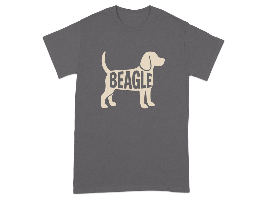 Dark gray t-shirt with a silhouette of a beagle dog filled with the word "BEAGLE".