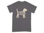 Dark gray t-shirt with a silhouette of a beagle dog filled with the word "BEAGLE".