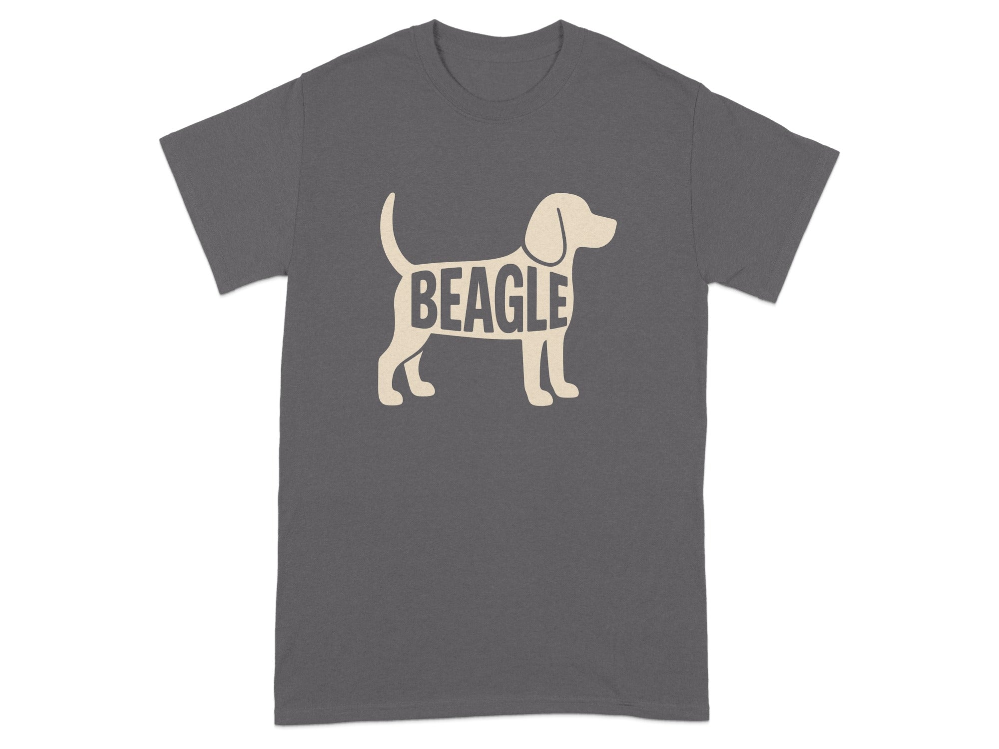Dark gray t-shirt with a silhouette of a beagle dog filled with the word "BEAGLE".