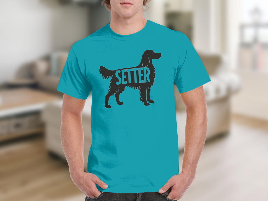 Turquoise t-shirt with black silhouette of a setter dog and the word "SETTER".