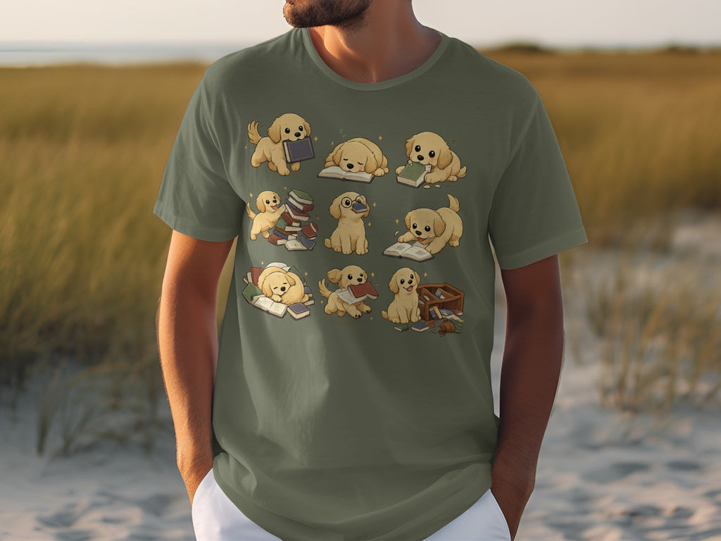 T-shirt with cartoon golden retrievers interacting with books and reading.