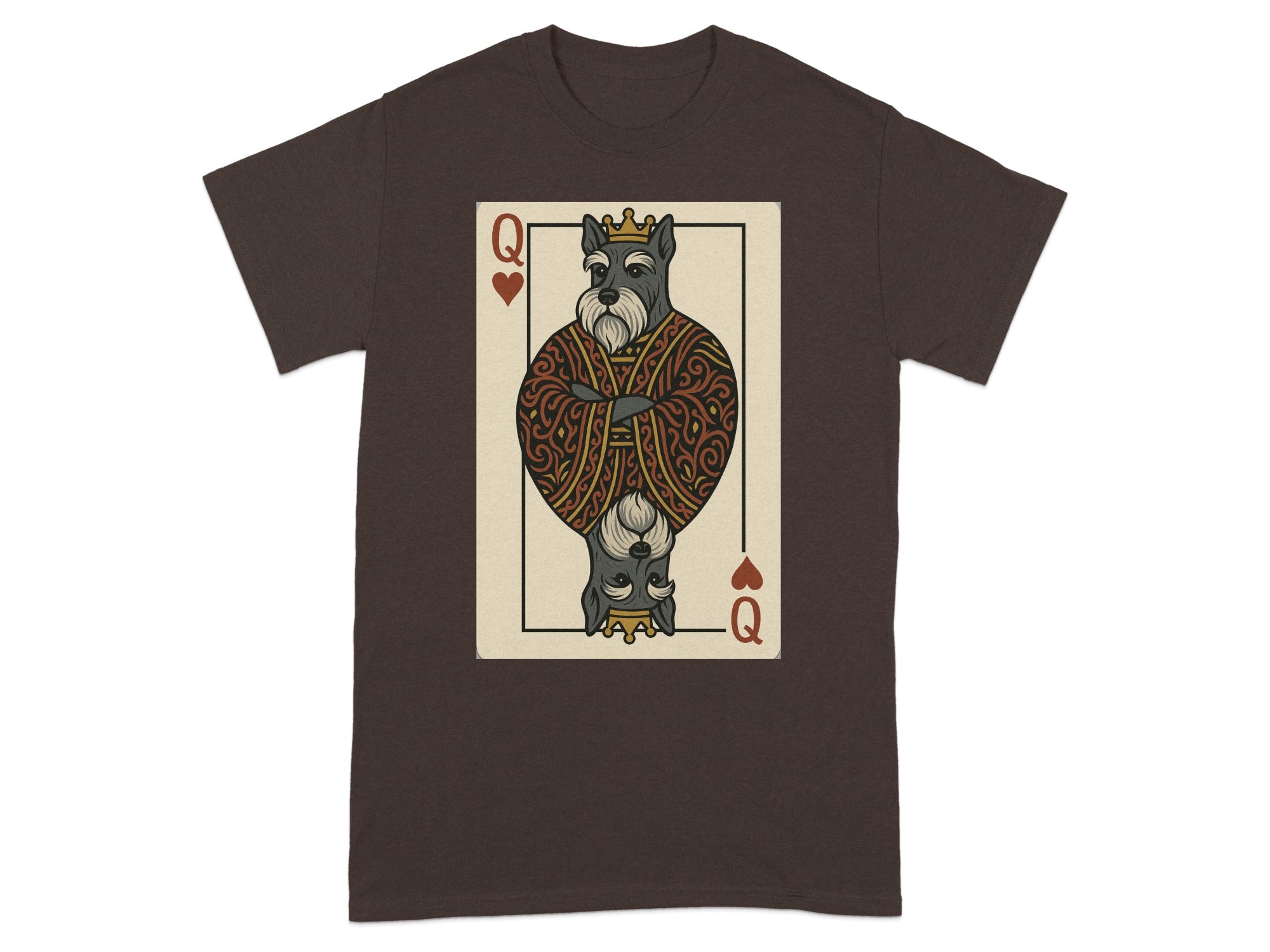 T-shirt with a Queen of Hearts playing card design featuring a schnauzer dog.
