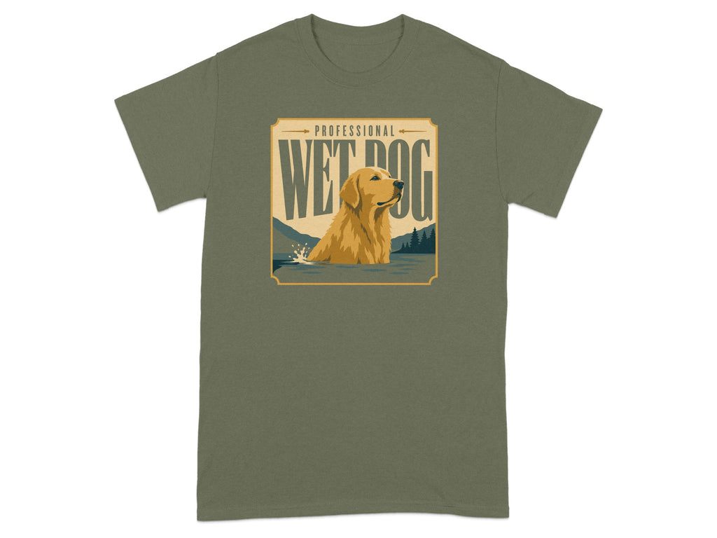 Golden retriever emerging from water with "Wet Dog" text.