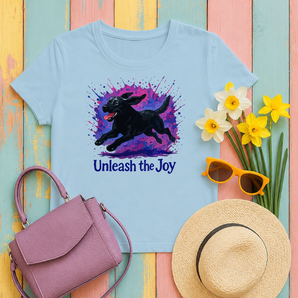 Unleash The Joy Vibrant Black Labrador T-Shirt in Light Blue