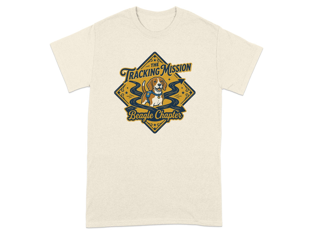 Beige t-shirt with "The Tracking Mission Beagle Chapter" logo featuring a beagle.