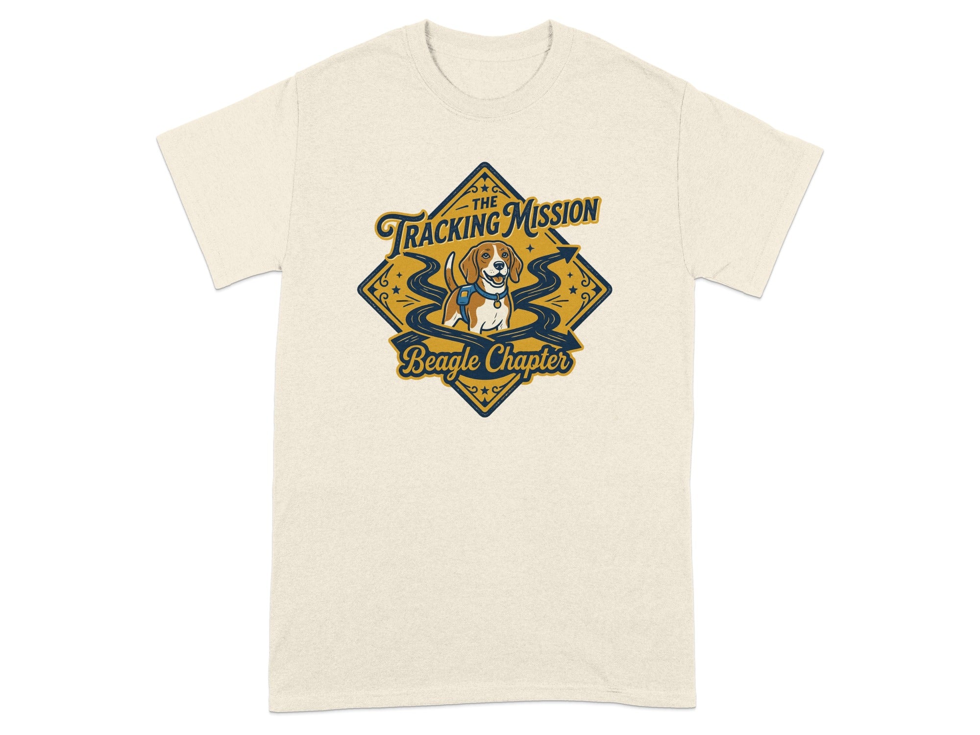 Beige t-shirt with "The Tracking Mission Beagle Chapter" logo featuring a beagle.