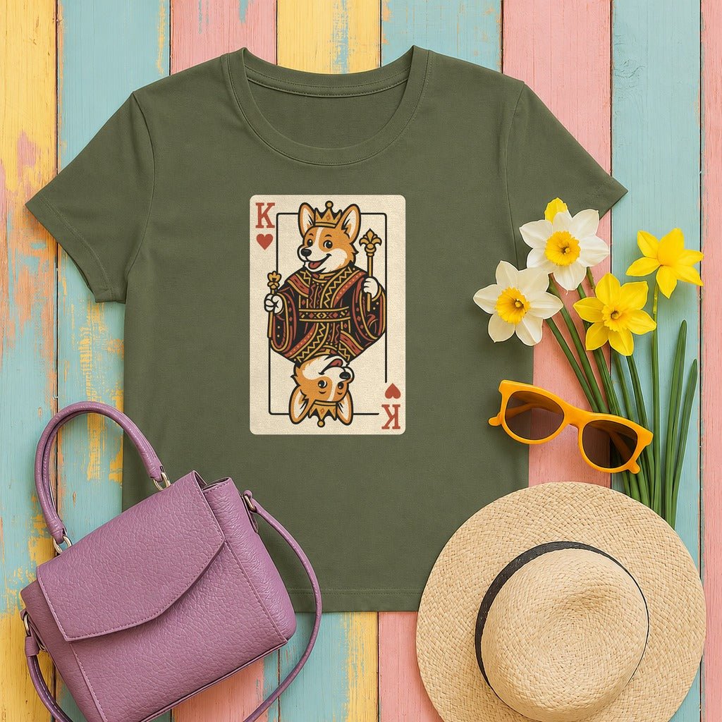 Corgi King Playing Card T-Shirt in Military Green
