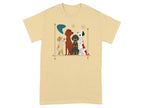 Four dogs of different breeds sitting together with graphic elements.