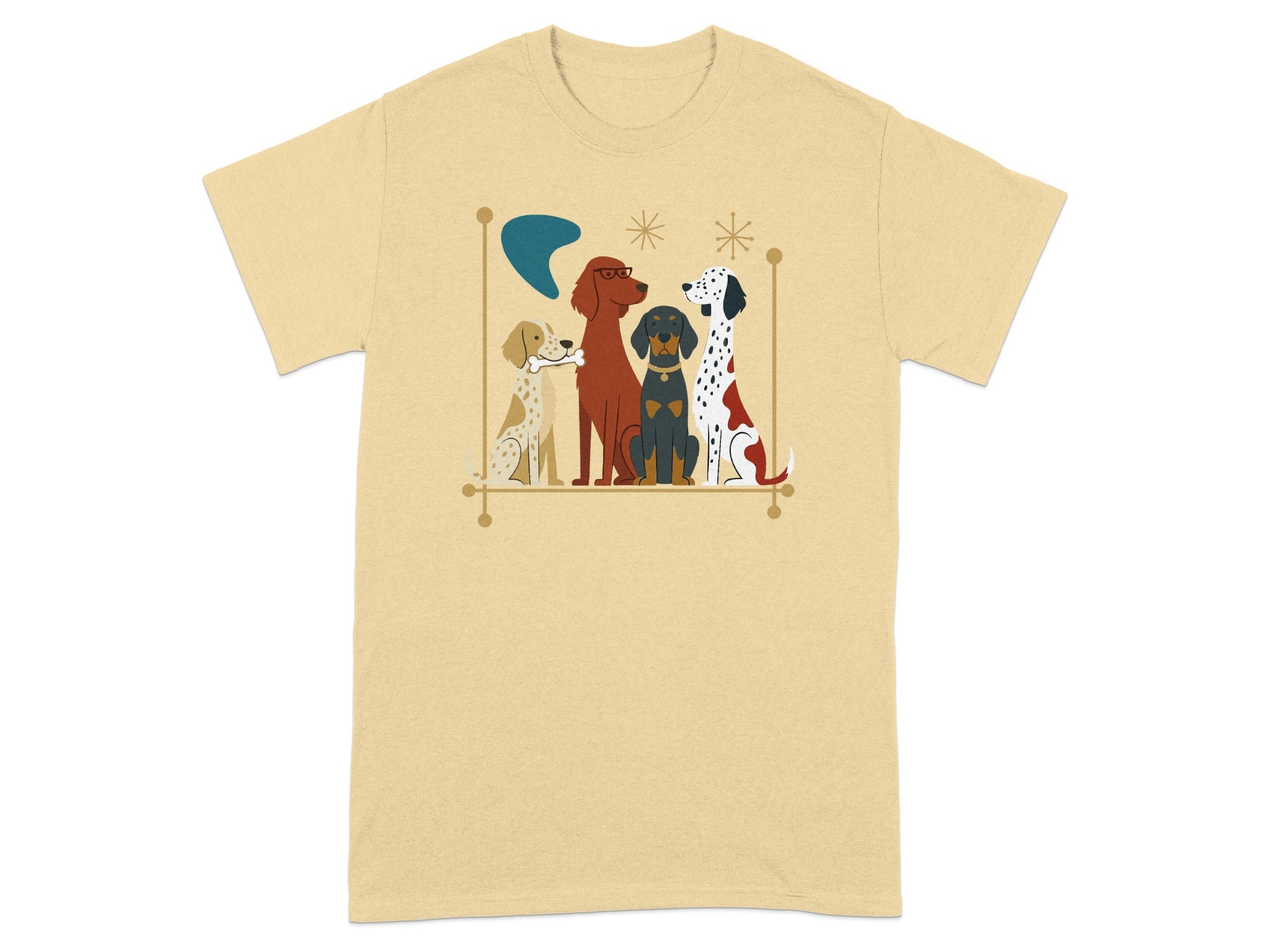 Four dogs of different breeds sitting together with graphic elements.