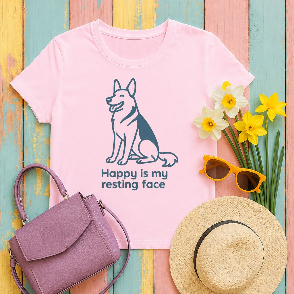 Happy Is My Resting Face - Funny German Shepherd T-shirt in Light Pink