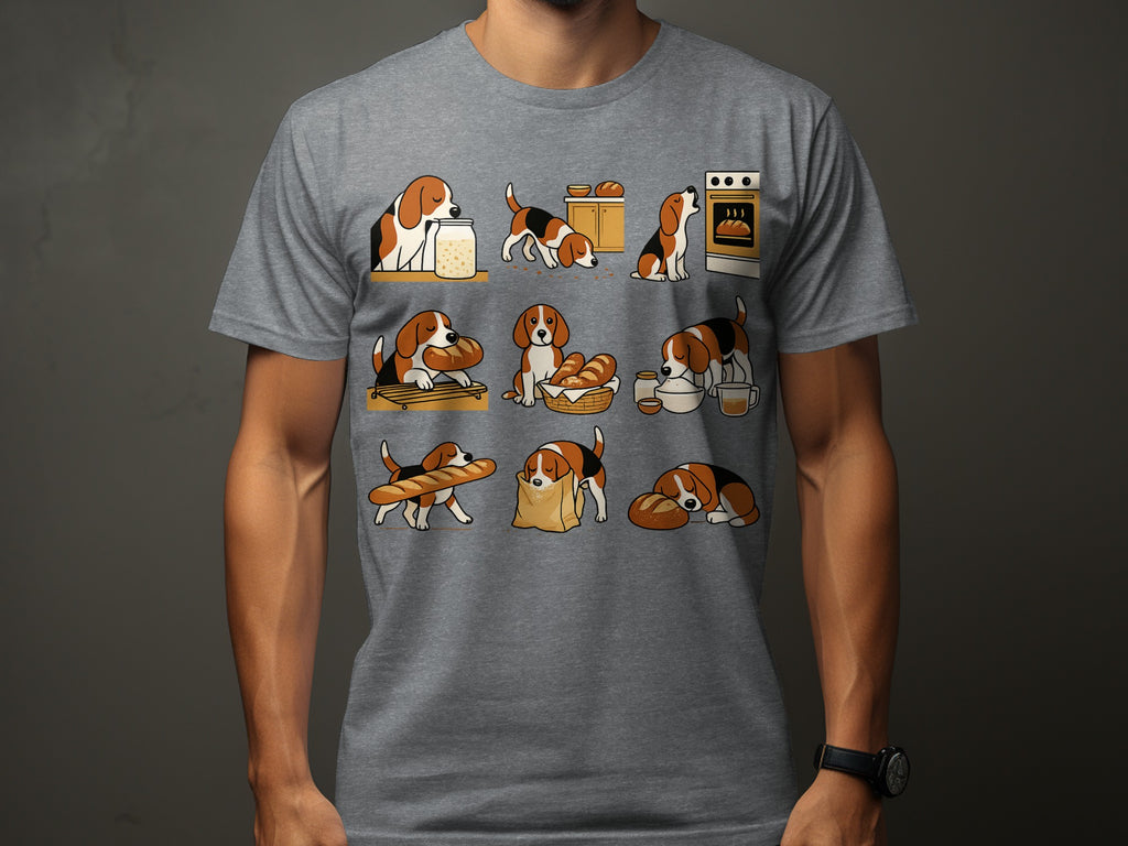 Nine cartoon beagles interact with bread and baking items in a grid layout.