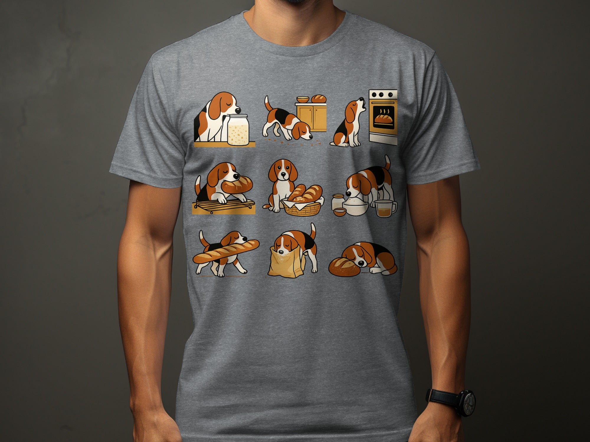 Nine cartoon beagles interact with bread and baking items in a grid layout.