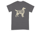 Grey t-shirt with outline of a setter dog and the word "SETTER".