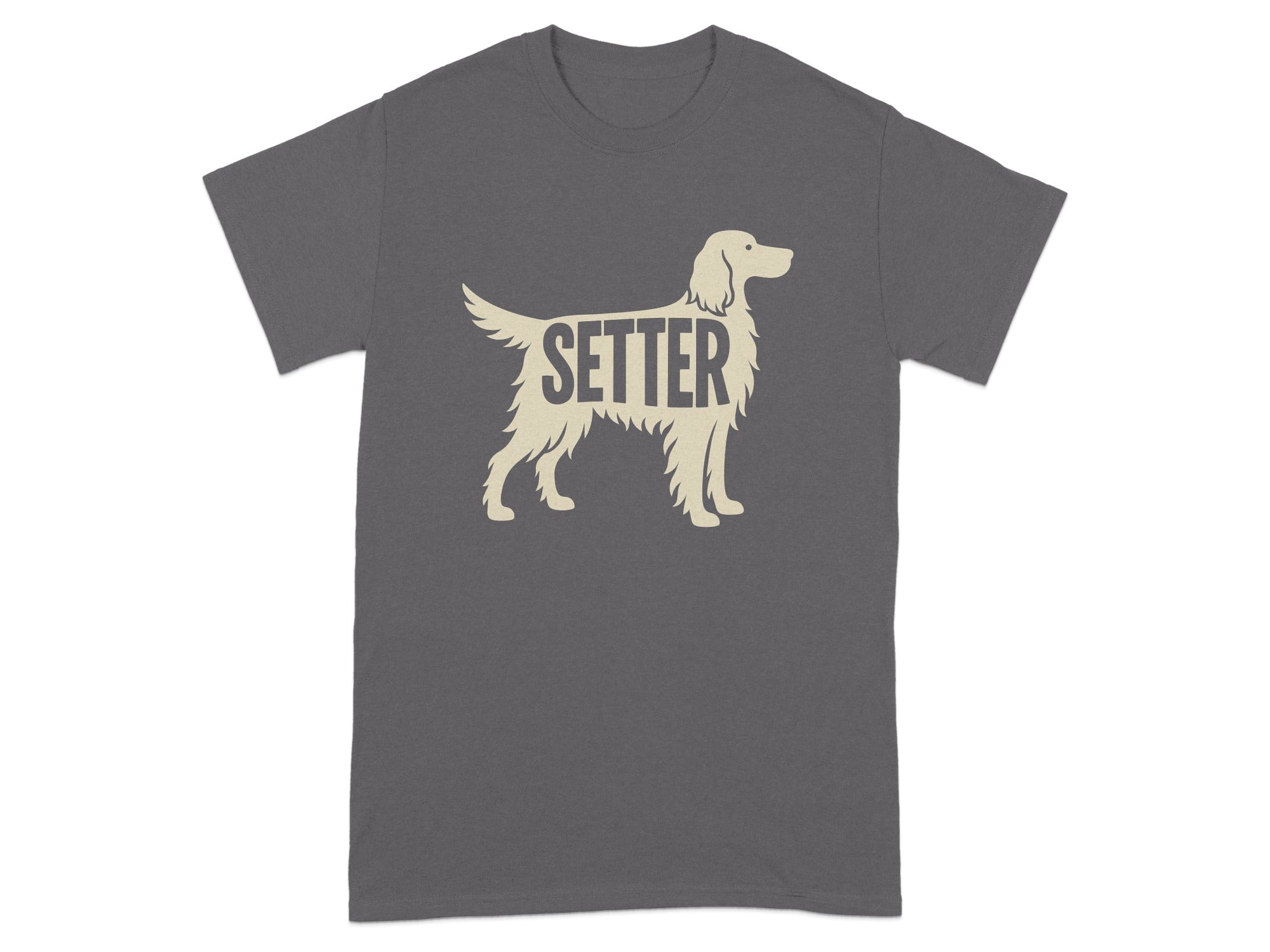 Grey t-shirt with outline of a setter dog and the word "SETTER".