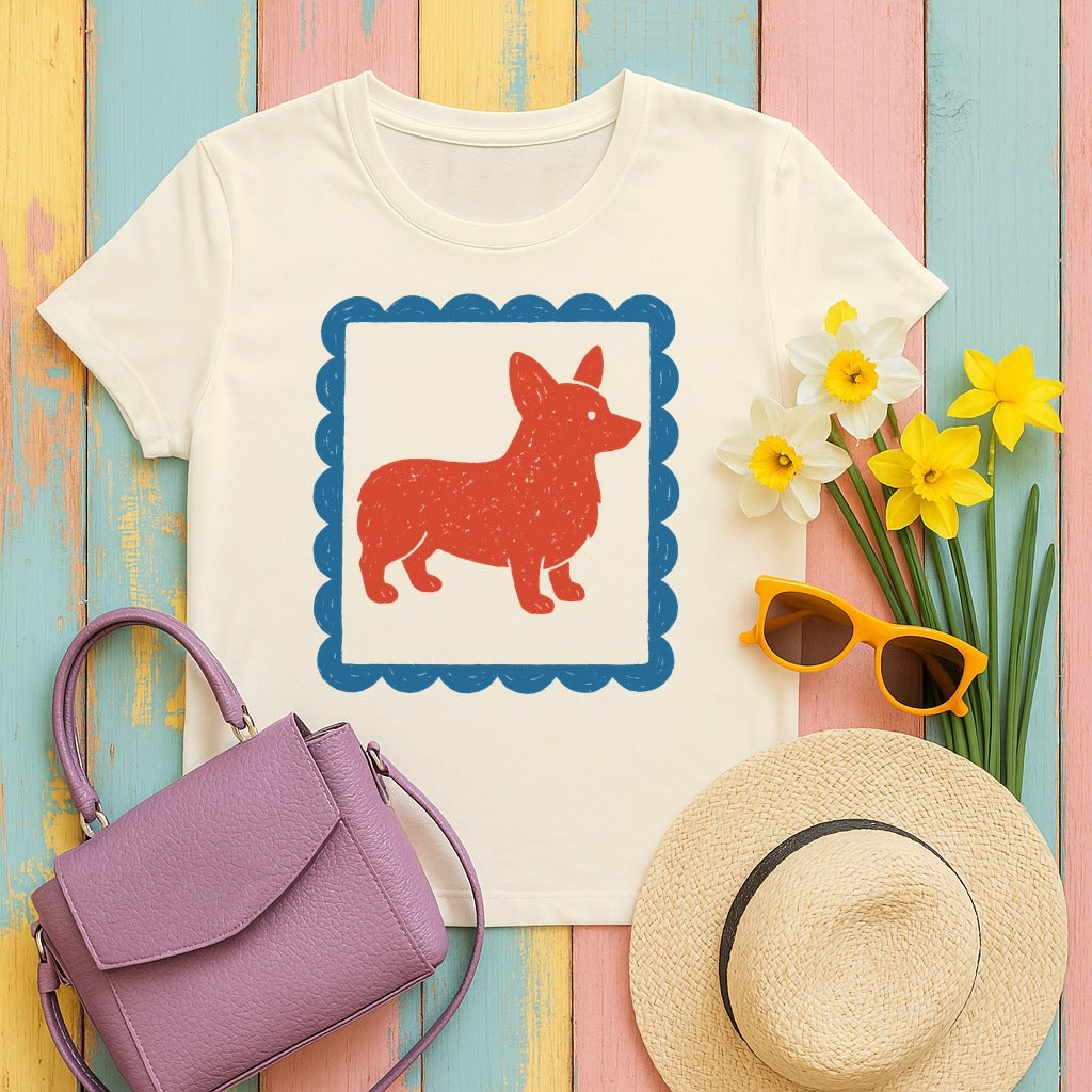 Cute Cartoon Corgi Dog Inside Ornamental Frame T-Shirt in Natural