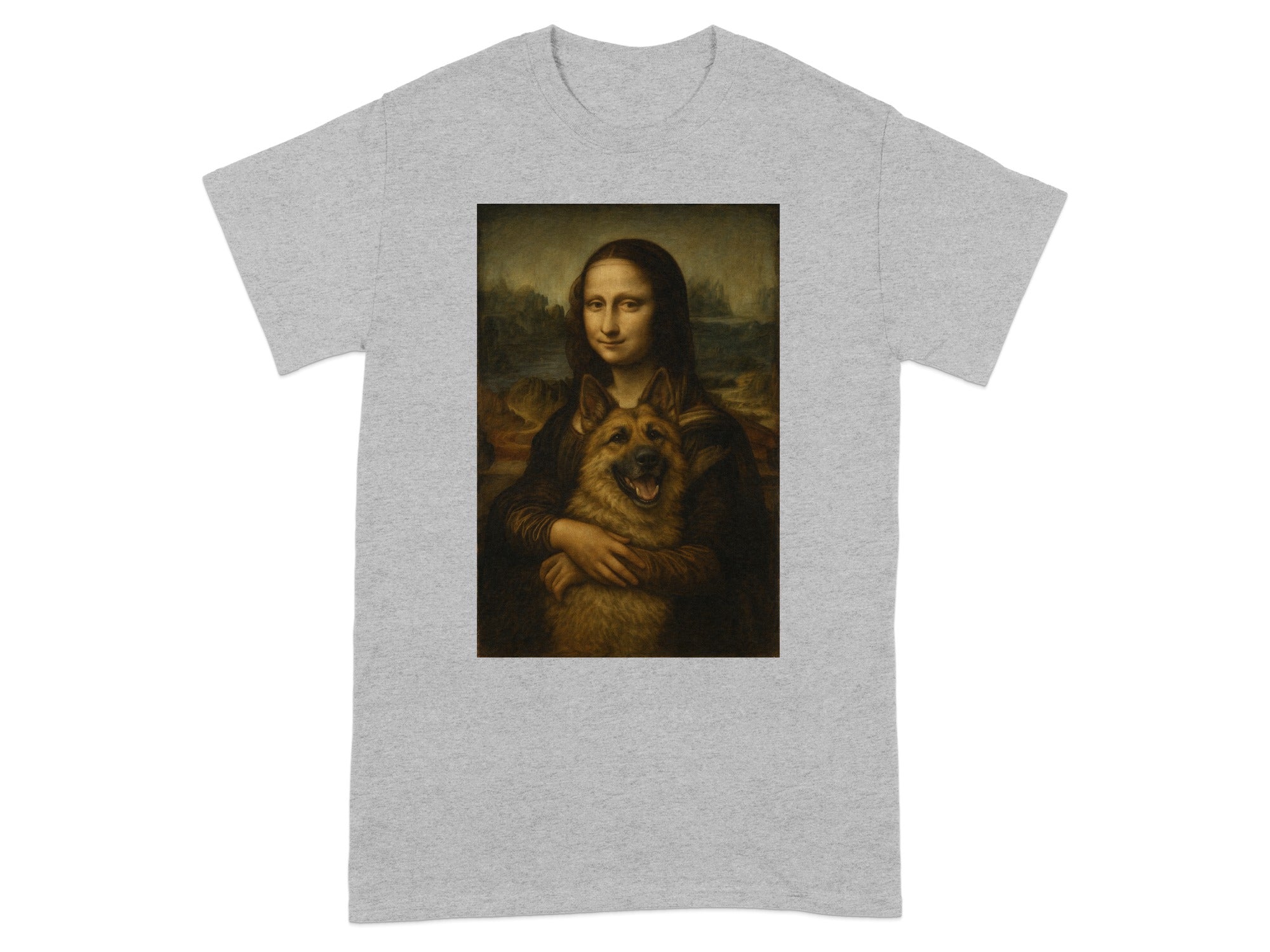 Mona Lisa with German Shepherd Printed T-Shirt