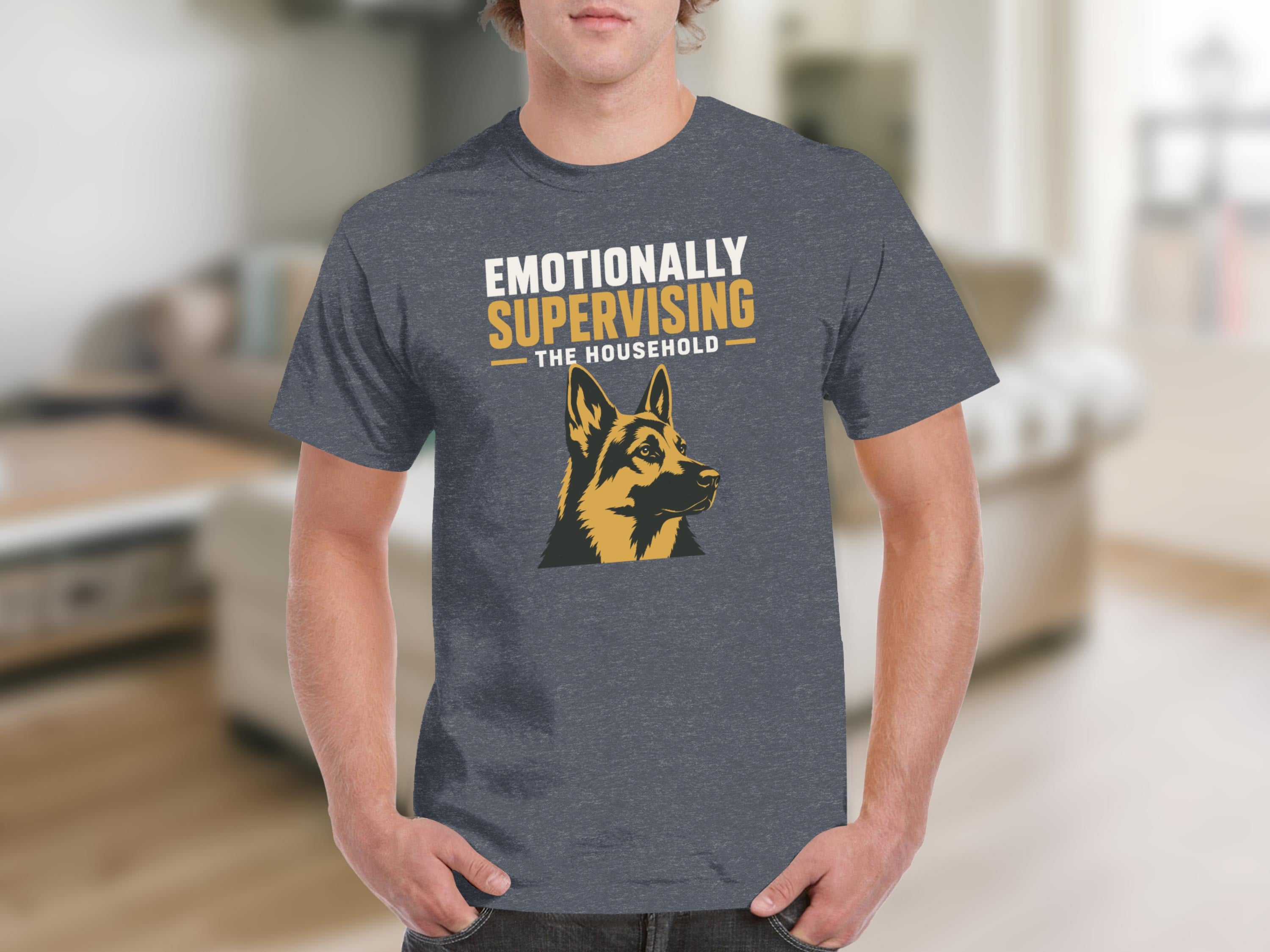 Gray t-shirt with German Shepherd graphic and text "Emotionally Supervising the Household".