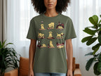 Green t-shirt with a repeating cartoon pattern of yellow labrador puppies with wine.