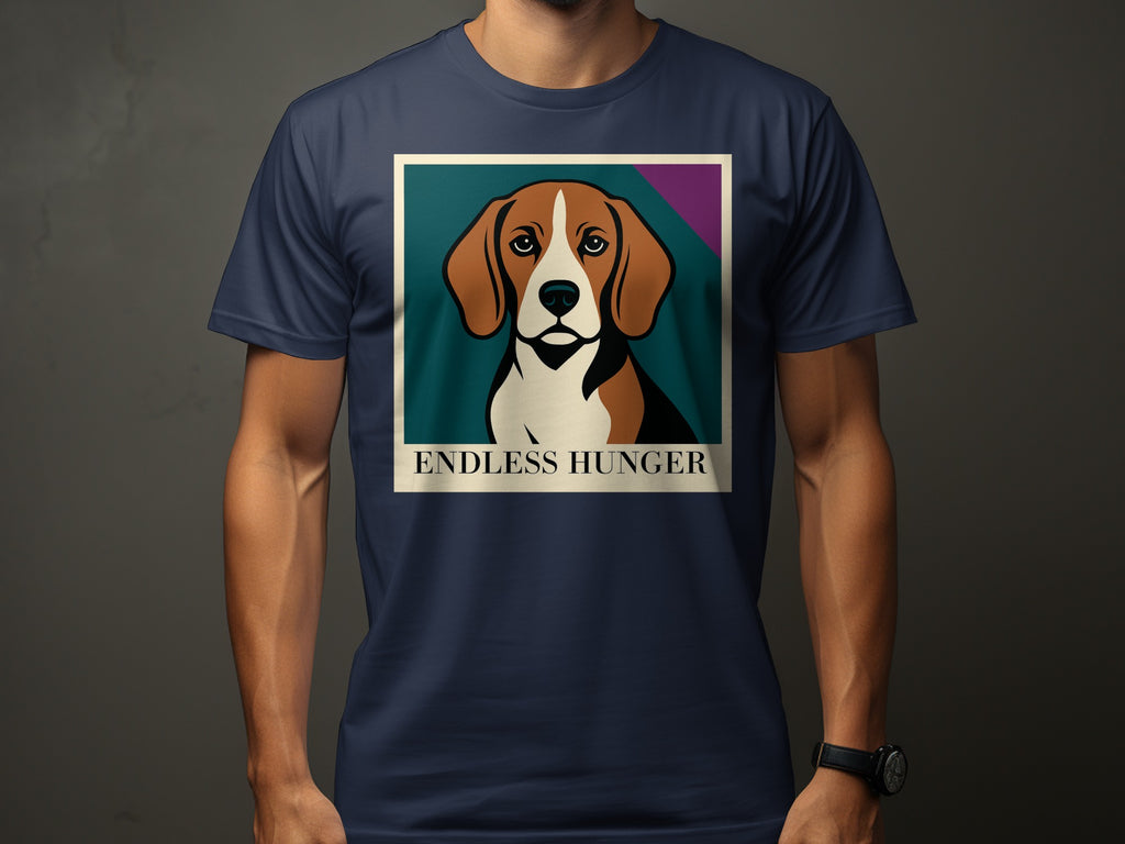 Navy t-shirt with a framed illustration of a beagle dog titled "ENDLESS HUNGER".