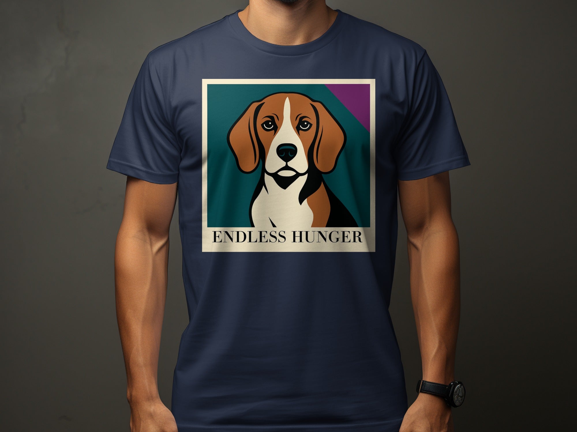 Navy t-shirt with a framed illustration of a beagle dog titled "ENDLESS HUNGER".