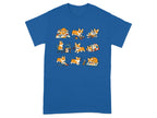 Nine illustrated corgis engaged in various activities, including playing and sewing, on a blue t-shirt.