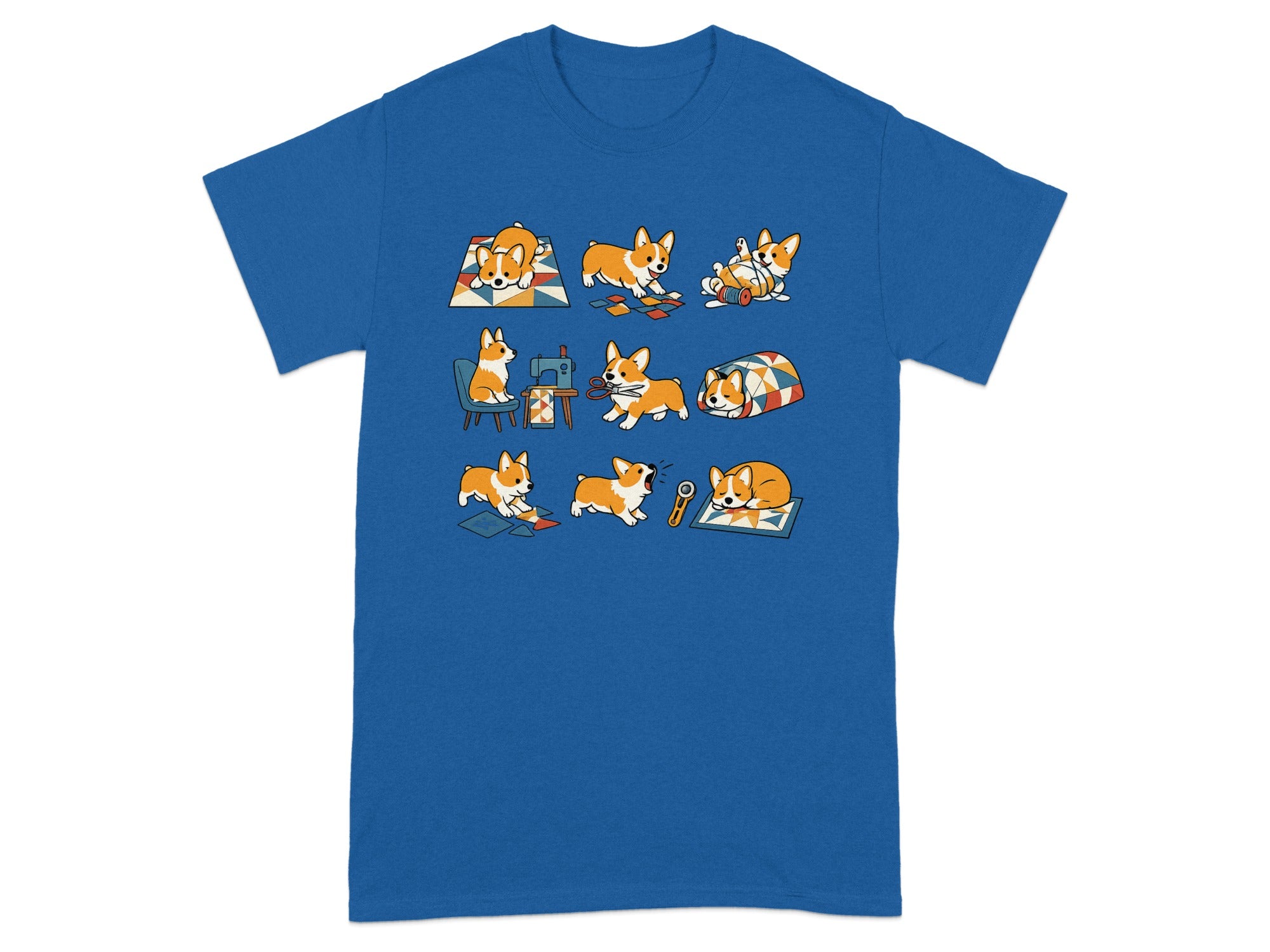 Nine illustrated corgis engaged in various activities, including playing and sewing, on a blue t-shirt.