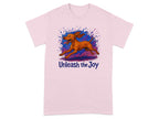 Pink t-shirt with a running dog art and "Unleash the Joy" text.