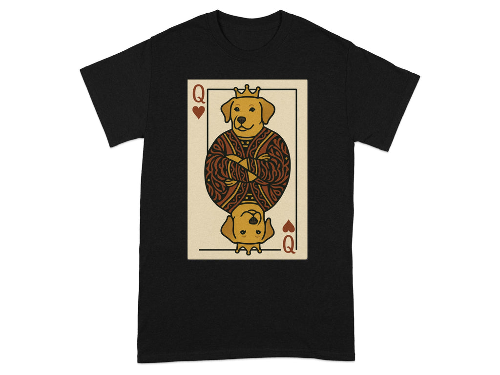 Golden retriever wearing a crown on a Queen of Hearts playing card.