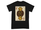 Golden retriever wearing a crown on a Queen of Hearts playing card.