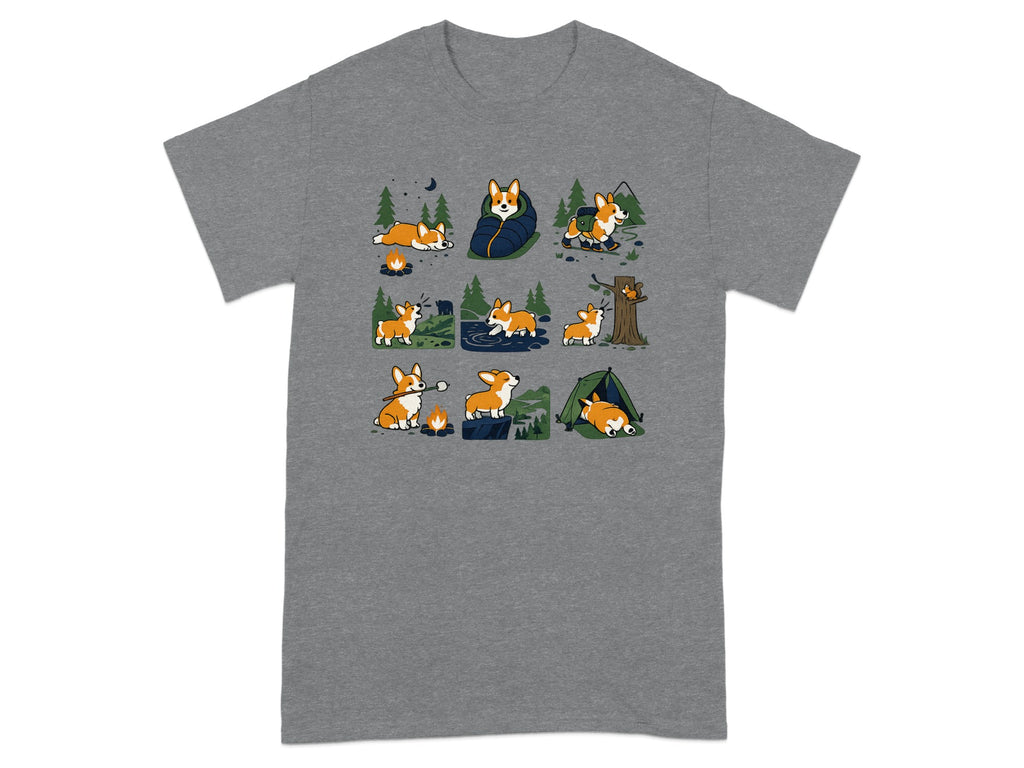 Cartoon corgis engaging in various camping activities on a grey t-shirt.