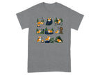 Cartoon corgis engaging in various camping activities on a grey t-shirt.