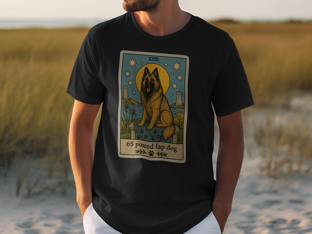 Black t-shirt with a tarot card design featuring a dog and text.